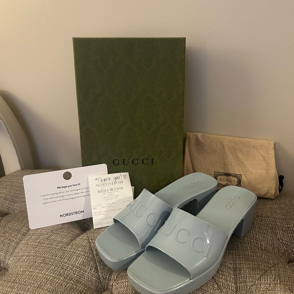 Gucci Sky Blue Rubber Platform Sandals
